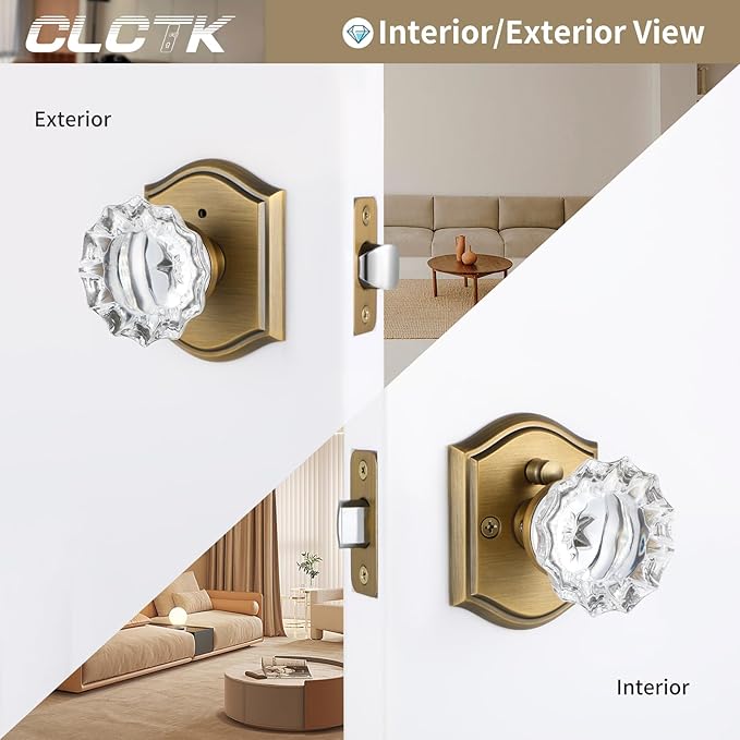 Glass Door Knobs Interior, Vintage Style Privacy Crystal Door Knobs with Lock, Antique Brass Door Knobs for Bedroom Bathroom, Push Pin Button Inside Lock, 1 Pack