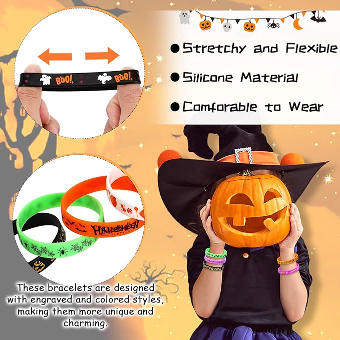 JUNEBRUSHS Halloween Party Favors, 24pcs Halloween Silicone Bracelets Rubber Wristbands for Halloween Party Decorations Trick or Treat Goodie Bag Stuffers Fillers Accessories Supplies(8 Designs)