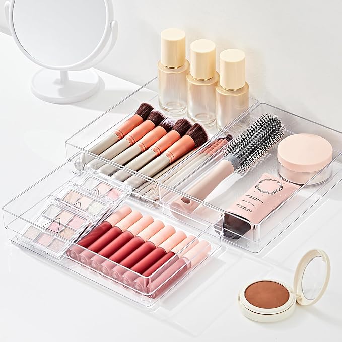 SMARTAKE 6 PCS Clear Plastic Drawer Organizers Set, Large Size Non-Slip Desk Drawer Organizer, Versatile Bathroom and Vanity Drawer Organizer Trays for Makeup, Bedroom, Office, Kitchen Utensils