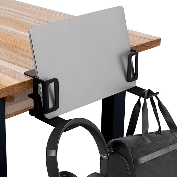 Desk Side Laptop Stand, Vertical Desk Side Laptop Holder with Headphone Stand, Adjustable Length Mount Storage Rack, No Drill Clamp Organizer for Laptops, Tablets, Keyboards (Black)