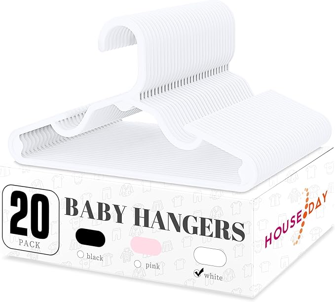 HOUSE DAY Plastic Baby Hangers for Closet 20 Pack, Durable Plastic Kids Hangers for Baby Clothes, Thin & Compact Childrens Hangers, Space Saving White Baby Hangers, Small Hangers for Kids Clothes