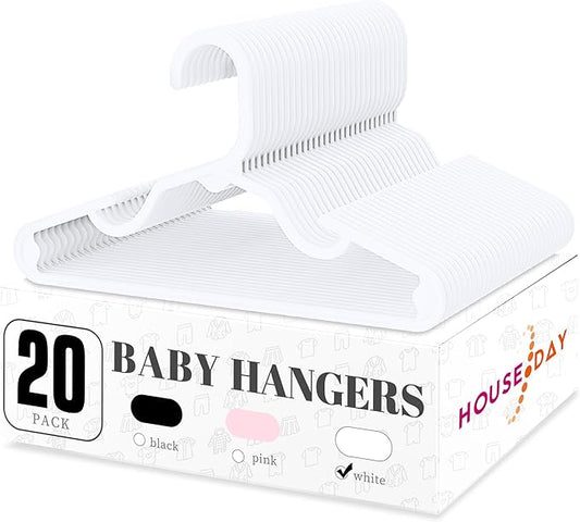 HOUSE DAY Plastic Baby Hangers for Closet 20 Pack, Durable Plastic Kids Hangers for Baby Clothes, Thin & Compact Childrens Hangers, Space Saving White Baby Hangers, Small Hangers for Kids Clothes