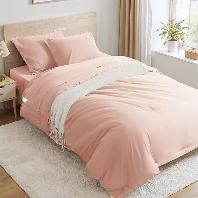Anluoer Pink Twin Comforter Set 5 Pieces, Bed in a Bag with Sheets, All Season Bedding Sets with 1 Comforter, 1 Pillow Sham, 1 Pillowcase, 1 Flat Sheet, 1 Fitted Sheet
