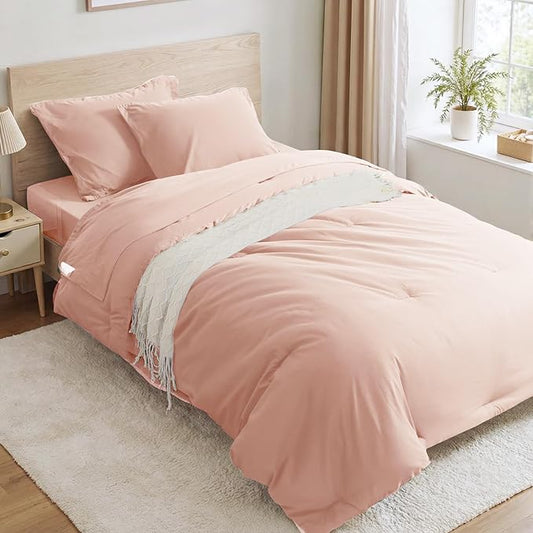 Anluoer Pink Twin Comforter Set 5 Pieces, Bed in a Bag with Sheets, All Season Bedding Sets with 1 Comforter, 1 Pillow Sham, 1 Pillowcase, 1 Flat Sheet, 1 Fitted Sheet