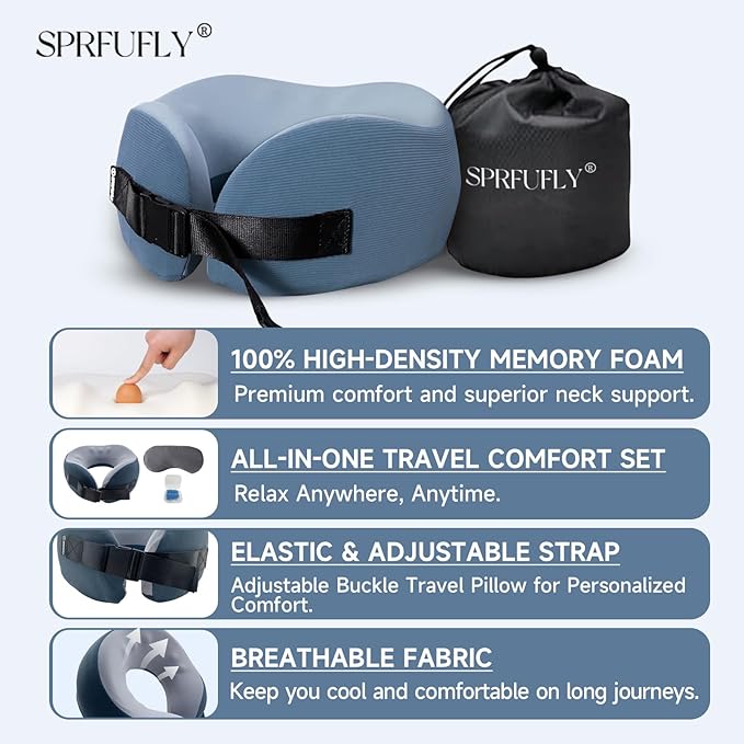 SPRFUFLY Soft Travel Pillow, 100% Memory Airplane Pillow with Sleep Mask and Ear Plugs, Breathable Removable Cover & Ergonomic Design - Essentials Neck Pillow for Airplane, Office & Home Use