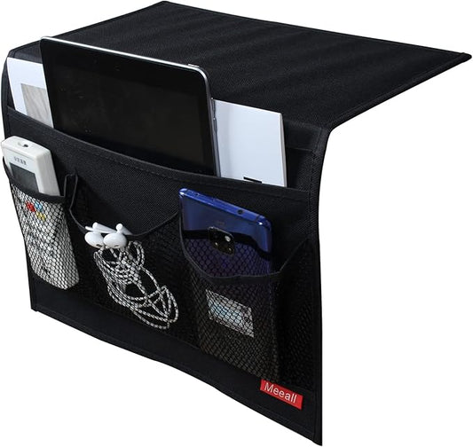 Bedside Caddy 4 Pockets Bedside Organizer Caddy Fit Tablet Magazine Phone Glasses, Under Mattress Remote Control Holder Storage Organizer, Black