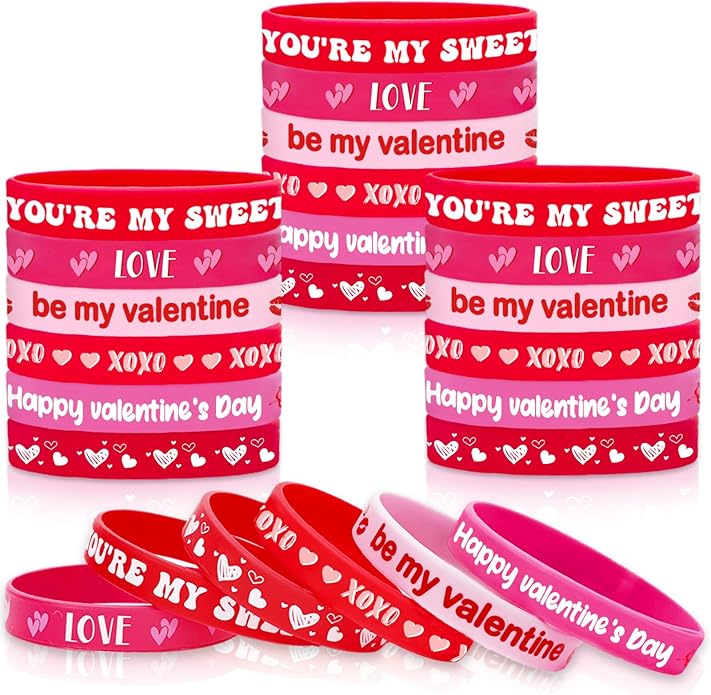 60 Pcs Valentine's Day Silicone Wristband 6 Designs Red Pink Love Heart You're My Sweet Rubber Bracelets for Wedding Anniversary Birthday Party Favor Supplies