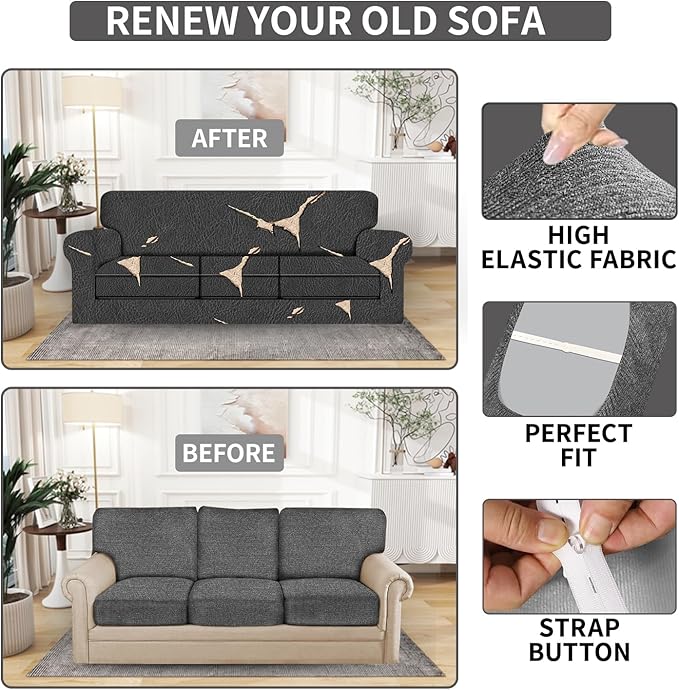 URBANLIFE Stretch Couch Cushion Covers Set of 3 – Replacement Individual Sofa Seat and Back Cushion Slipcovers with Full Elastic Hem, Soft Textured Fabric, Fits 27"x38", Machine Washable (Gray)