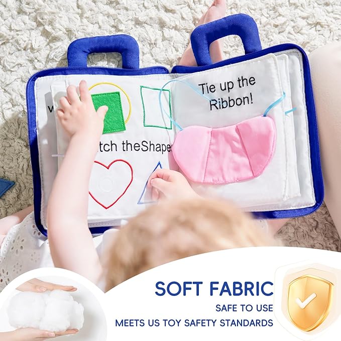 Jollybaby Baby Soft Busy Books -My Quiet Book, Travel Toy & Montessori Sensory Educational, 10 Preschool Learning Activities for 1 2 3 Year Old Toddlers Boy Girl(Blue)