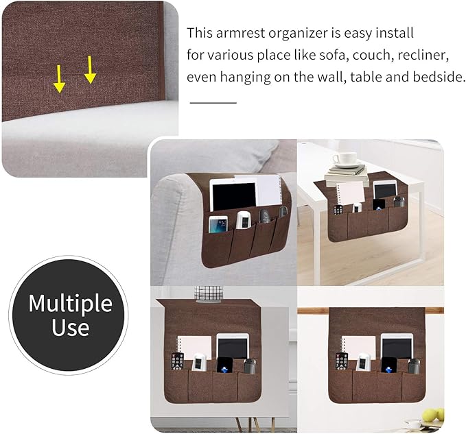 Sofa Armrest Organizer, Remote Control Holder for Recliner Couch, Arm Chair Caddy with 6 Pockets for Magazine, Tablet, Phone, iPad