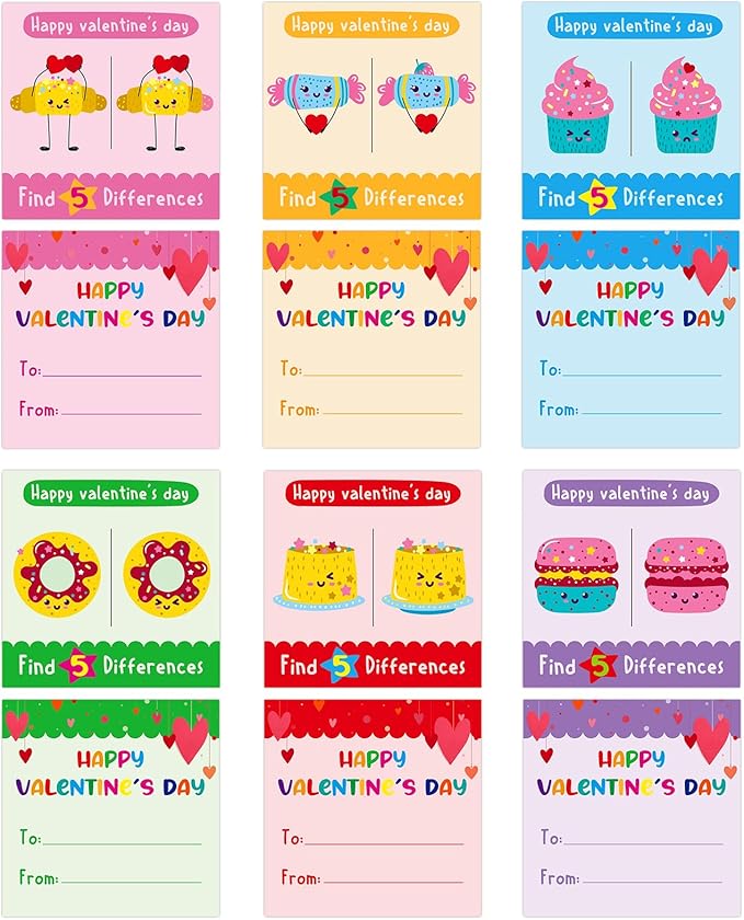 FaCraft Find 5 Difference Valentines Day Cards for Kids Classroom School Valentines Gifts Cards for Kids Boys Girls School Classroom Valentines Party Favors Valentines Exchange Cards with Envelopes