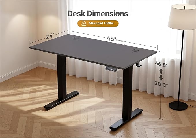 Seang Electric Height Adjustable Standing Desk, 48 x 24 Inch Sit-Stand Workstation with T-Style Frame, 3 Memory Height Options & Built-in Cable Management for Home Office, Black Frame/Black Top