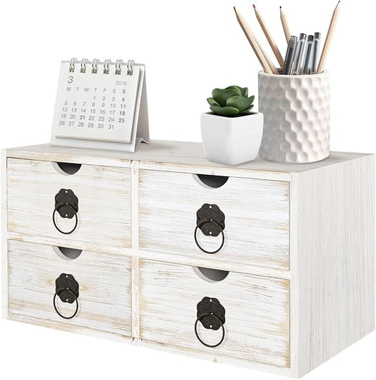 Wood Desk Organizer, White Wooden Desktop Organizer with Drawer, Tabletop Storage Organization Box for Countertop, Home Office Supplies, Bills (4 Drawer)