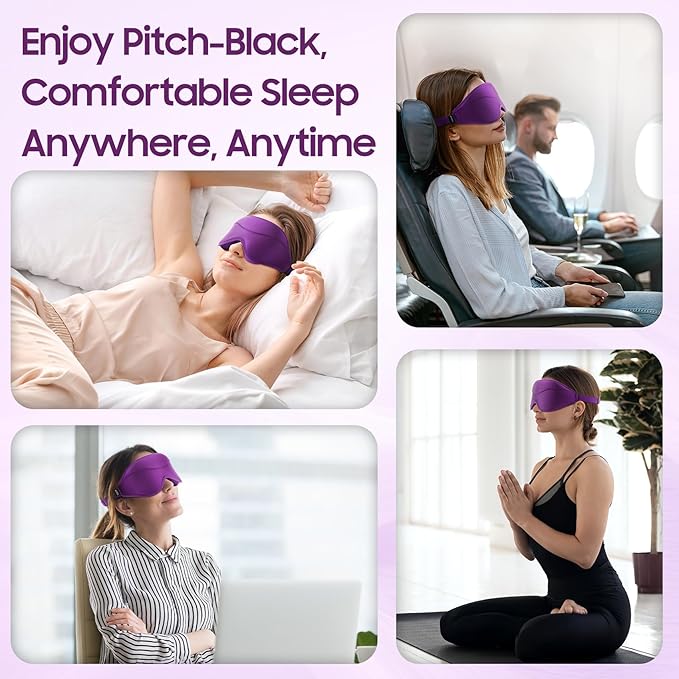 MOEASEii Sleep Mask - Total Blackout 3D Sleeping Mask, Super Lightweight & Silky Soft Eye Mask for Sleeping, Fully Adjustable Fit for Home, Office, Traveling, Meditation, Yoga, Purple