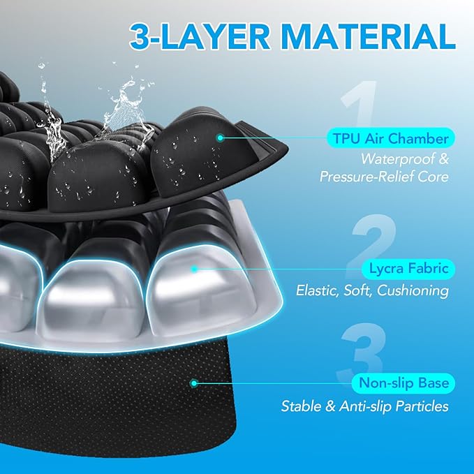 56 Air Cell Inflatable Travel Seat Cushion, 3D Air Bubble Design for Pressure Relief & Ergonomic Support, Self-Inflating with Press Button（No Pump Needed）,Portable for Office Chair,Car,Wheelchair,Home