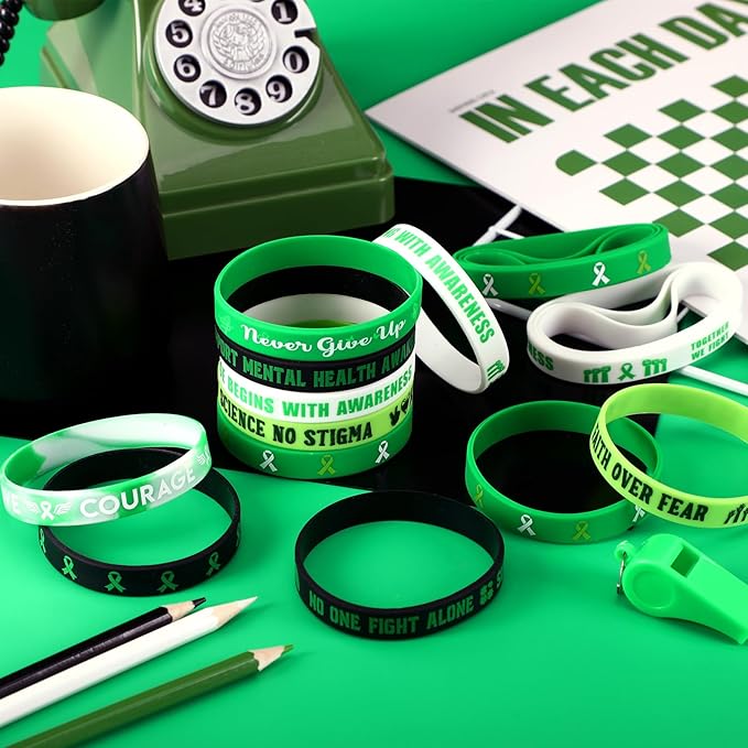 JUNEBRUSHS 42pcs Mental Health Awareness Silicone Wristband Bulk Green Ribbon Inspirational Rubber Bracelets for Mental Health Awareness Faith Courage Hope Party Favor Gift Supplies(7 Style)