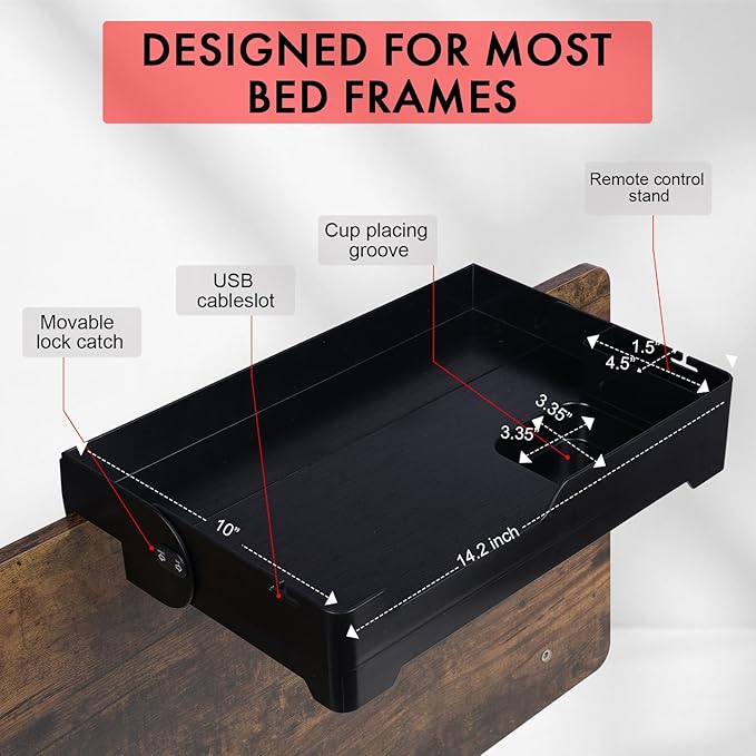 YONGJIA Foldable Bedside Shelf, bunk Bed Tray for top bunk, College, Dorm, Bedroom, Kids bunk Bed, Foldable nightstand for Book, iPhone, Kindle, Water Cup (Black)