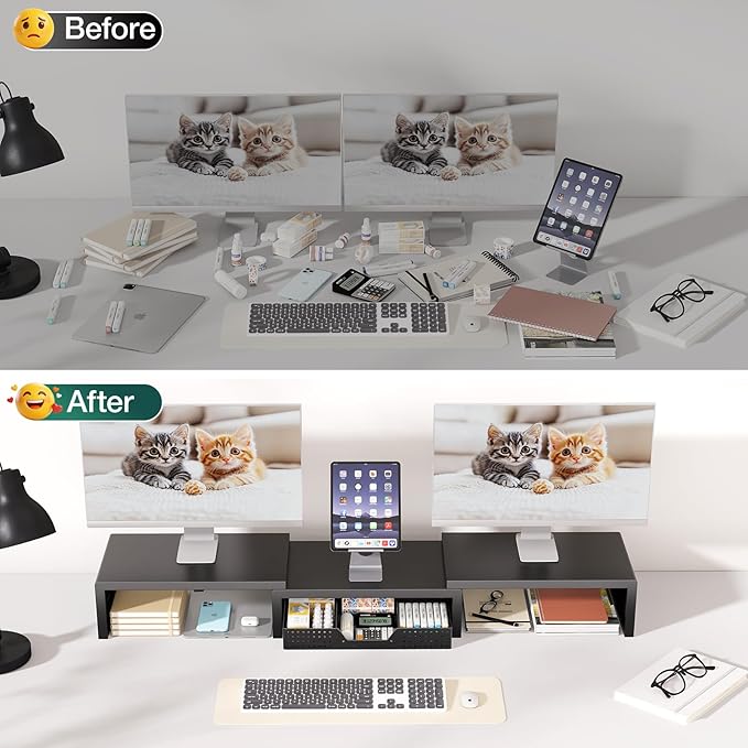 OPNICE Desk Organizer, Dual Computer Monitor Stand Riser with Drawer, Office Desk Accessories & Workspace Organizers, Black