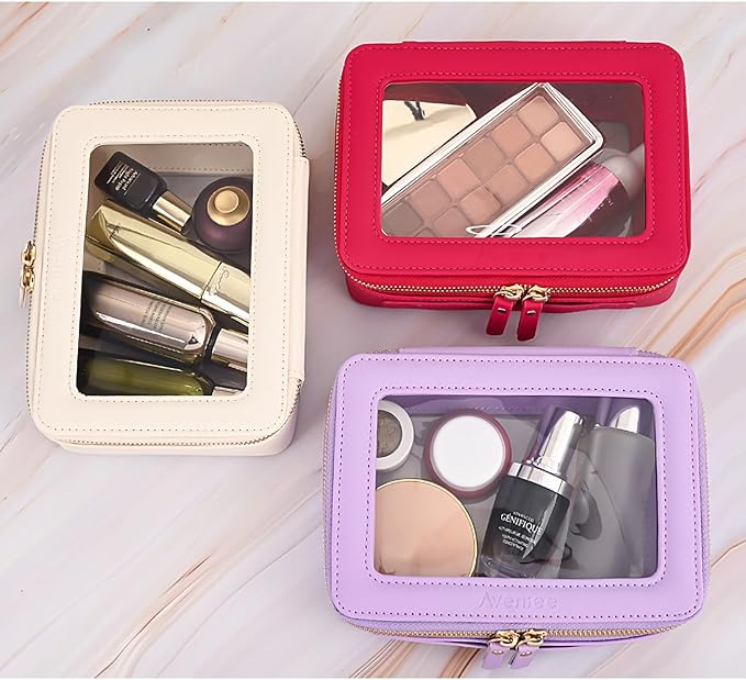 Aveniee Clear Makeup Bag Organizer, Travel Toiletry Bag Cosmetic Case for Women, Portable Make Up Skincare Pouch Car Organizer Bag with Zippers for Essentials,Lilac