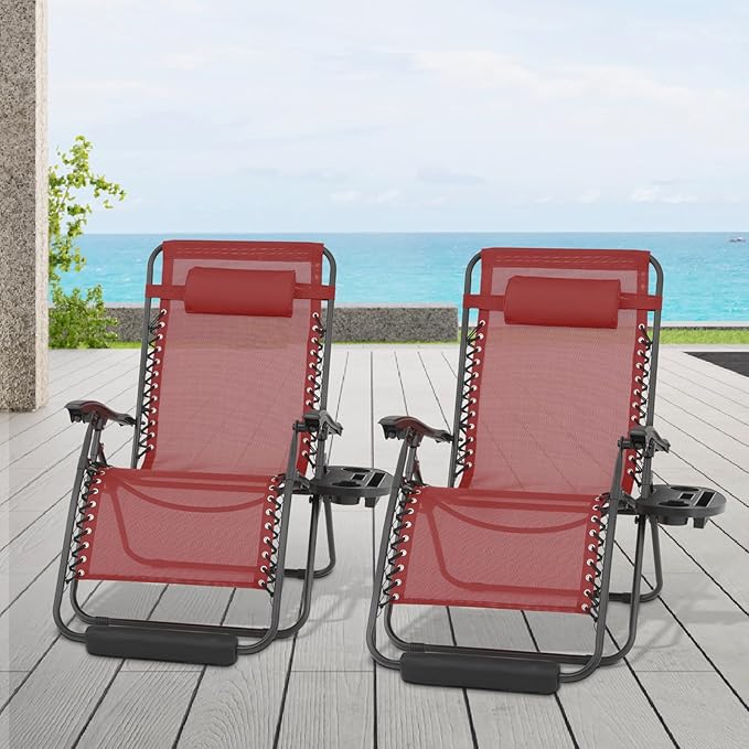 Athena Collection Zero Gravity Outdoor Lounge Chair Set of 2, 29" Width Pool Lounge Lawn Chairs Reclining with Cup Holder Foot Pad, Outdoor Chaise for Beach Patio Backyard Outside, Dark Red