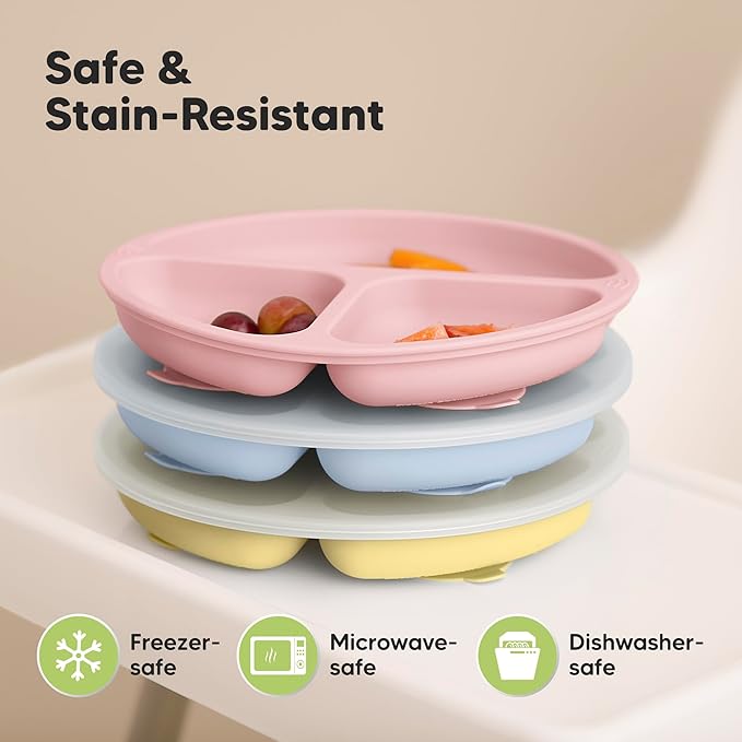 KeaBabies Suction Plates with Lids for Baby - 3-Pack 100% Silicone Suction Plates for Baby, Kids,Toddler Plates,Divided Baby Plates with Suction,Lids, BPA-Free, Microwave, Dishwasher Safe (Popsicle)