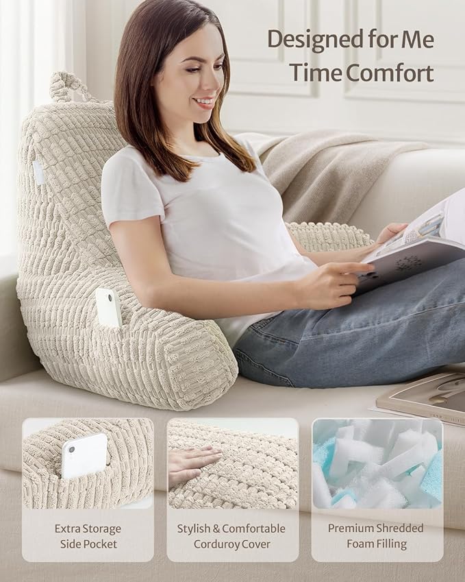 Blissful Diary Reading Pillow, Large Backrest Pillow with Shredded Memory Foam for Adult & Children, Designed for Bed and Couch Sitting Up, Includes Arms, Pockets and Washable Cover, Off White