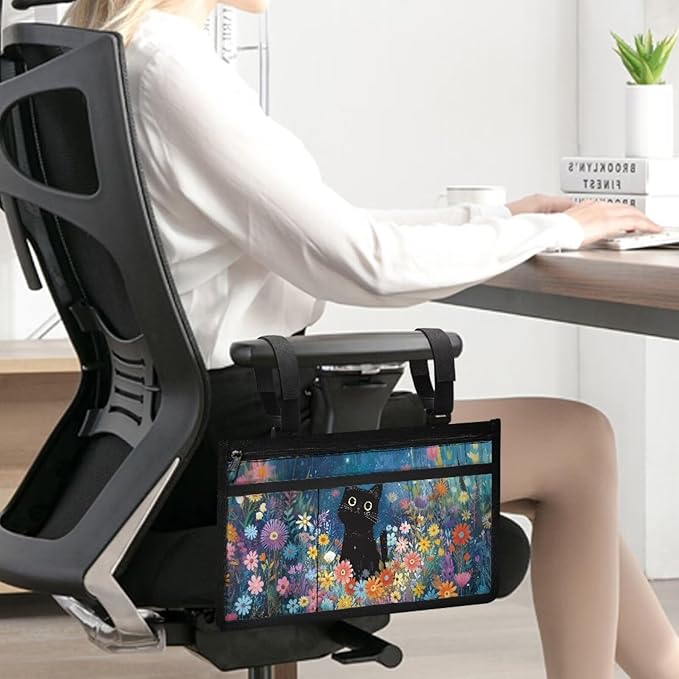 ZOUTAIRONG Black Cat Floral Wolf Wheelchair Side Bag, Wheelchair Armrest Pouch Accessories with Cup Holder, Storage Bag for Walker, Rollator