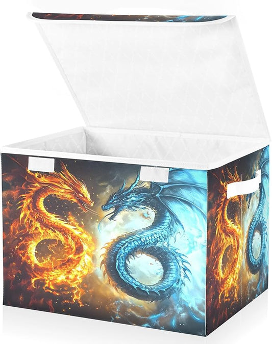 senya Large Storage Bins with Linen Collapsible Foldable Storage Cubes Fabric Closet Organizer Containers box with Flip-Top Lid for Home Bedroom Office 16.7 x 12.6 x 11.8in (Dragon Fire Pattern)