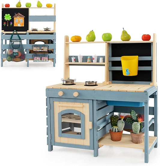 Costzon 2 in 1 Mud Kitchen, Fir Wood Outdoor Play Kitchen & Grocery Store w/Removable Sink, Water Box & Faucet, Stoves, Storage Bag, Metal Baskets, Double-Sided Kids Kitchen Playset for Boys Girls 3+