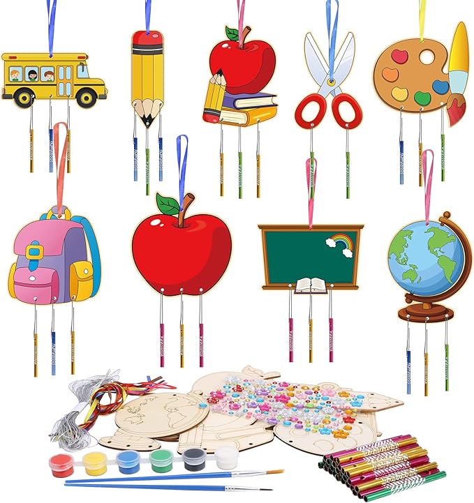 Fennoral 9 Pack Back to School Wind Chime Kit for Kids Make You Own Wind Chime Hanging Ornaments DIY Paint Back to School Craft for First Day of School Decoration Classroom Art Activity