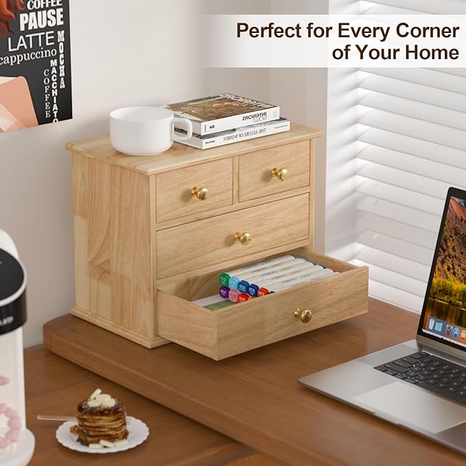 Oak Desk Organizer with Drawers, Durable Wooden Desktop Storage Box with Metal Handles & Non-Slip Silicone Pads, 4 Drawer Tabletop Organizer for Office, Bedroom, Bathroom, Vanity, Makeup – Natural Oak