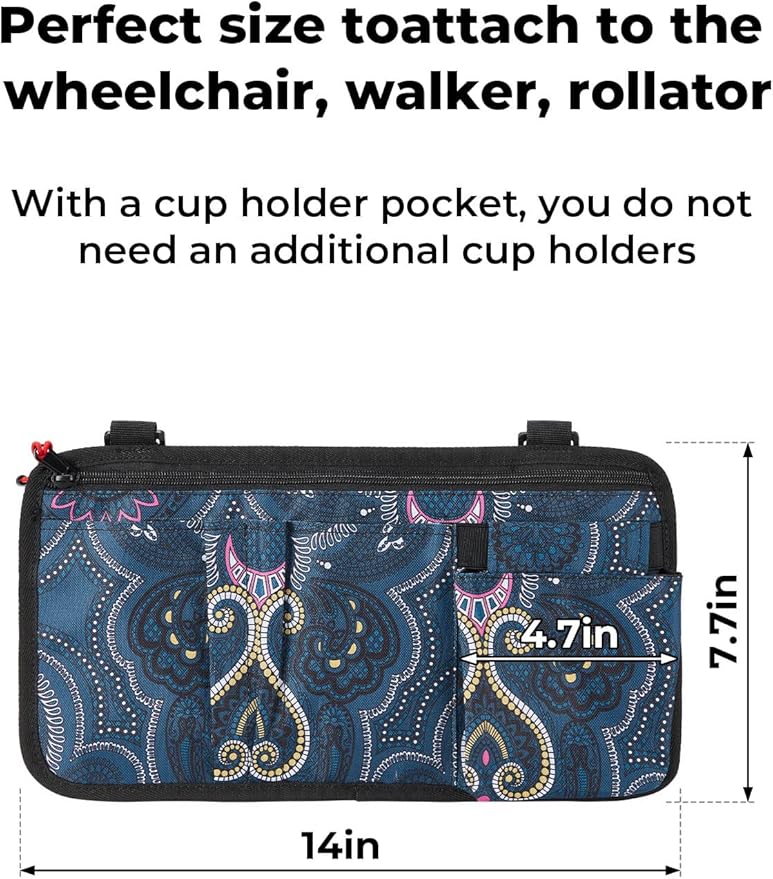 JOYTUTUS Walker Side Bag, Wheelchair Armrest Storage Pouch with Cup Holder, Wheelchair Accessories for Seniors, Walker Bag Cup Holder for Walker, Rollator, Electric Scooter or Wheelchair