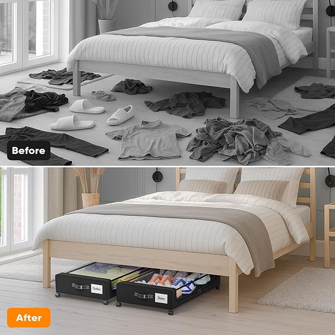 Camkey® Under Bed Storage with 360° Wheels, 2-Pack, 60L Low-Profile Rolling Underbed Bins for Clothes, Shoes, Toys & Books,Easy Pull-Out, Dust Protection, Space-Saving Organizer for Bedroom/Dorm,Black