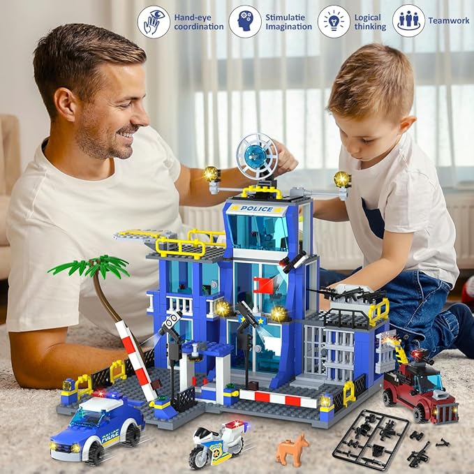 HOGOKIDS City Police Station Building Toys with LED Light - 734pcs Police Building Block Sets with Helicopter Police Motorcycle Vehicle Armored Car, Police Playset Gift for Kids Boys Girls Age 8-12+