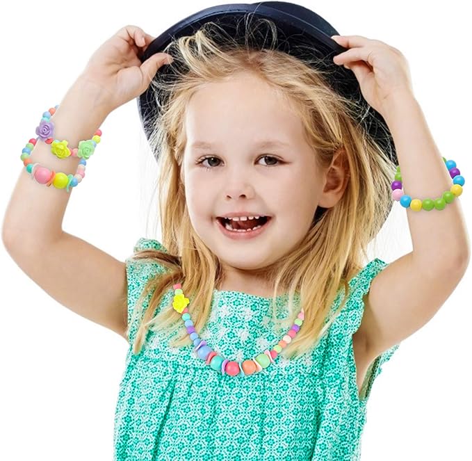 BigOtters Little Girls Necklace Bracelet, 3 Sets Lovely Colorful Beads Toddler Necklaces for Girls, Play Jewelry for Toddlers 2-4