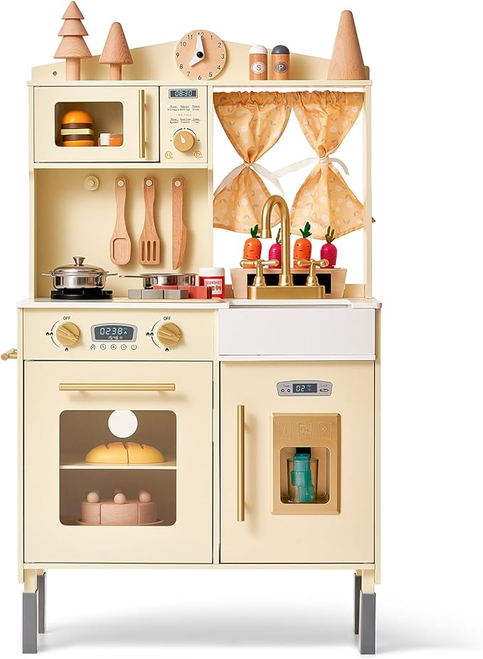 Giant bean Wooden Play Kitchen, Toddler Kitchen Playset, with Microwave Play Sink Ice Maker Oven Cookware Accessories Playset, Pretend Play Food Toys for 3+ Year Old Boys Girls