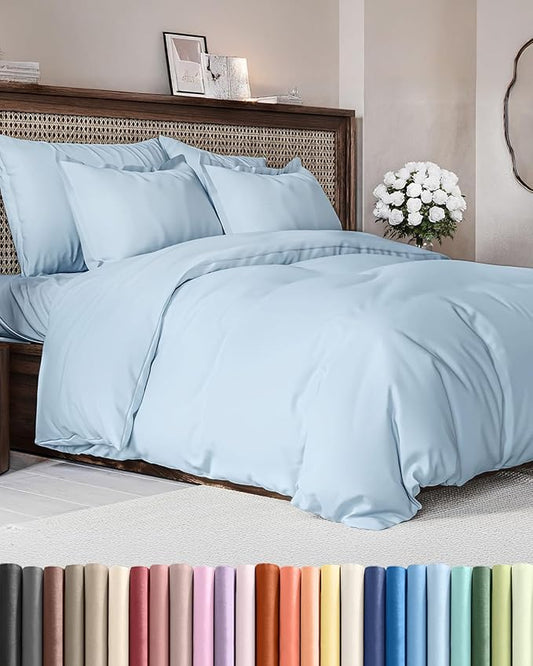 Duvet Cover King Size Set - Extra Soft King Size Duvet Cover 104 x 90 with 2 Pillow Shams - Hotel Luxury Easy Care and Fade Free w/Zipper Closures & Ties - Comfy Breathable Bedding Set (Light Blue)