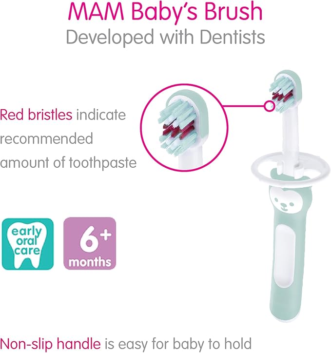 MAM Baby Toothbrushes (2 Baby's Brushes and 1 Safety Shield), Toothbrushes with Brushy The Bear Character, Interactive App, for Girls 6+ Months, Pink