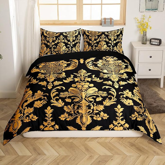 Feelyou Gold Black Vintage Floral Bedding Set Queen Size Gothic Bohemia Boho Flower Duvet Cover Set for Kids Adult Oriental Antique Comforter Cover Luxury Quilt Cover for Bedroom Decor,No Comforter