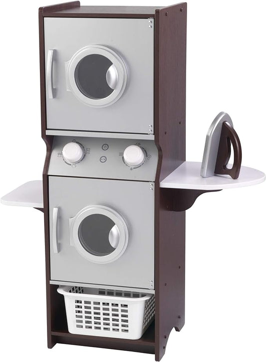 KidKraft Laundry Playset Children's Pretend Wooden Stacking Washer and Dryer Toy with Iron and Basket, Espresso, Gift for Ages 3+