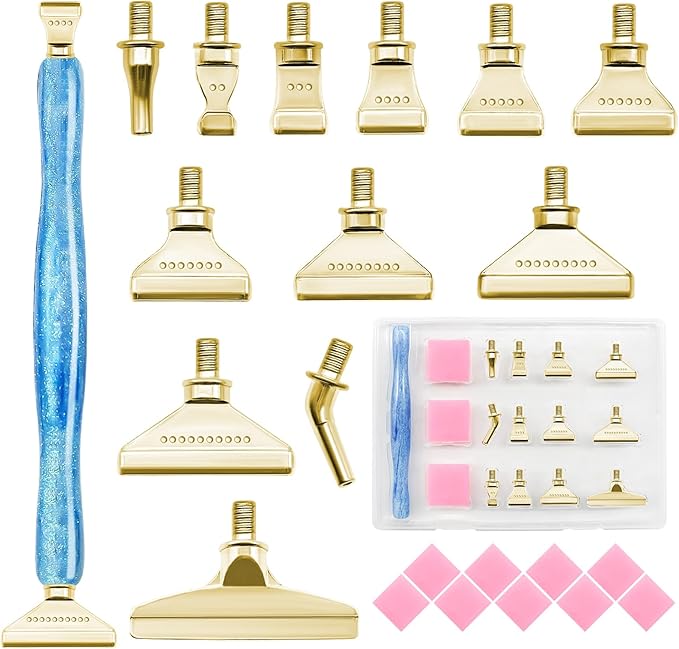 22PCS DIY Diamond Art Pen Painting Tool Set - Metal Threaded Tip Accessories Gem Resin Dotting Pen Supplies Kit (Blue Pen + 12 Tips + 9 Dotting Clay)