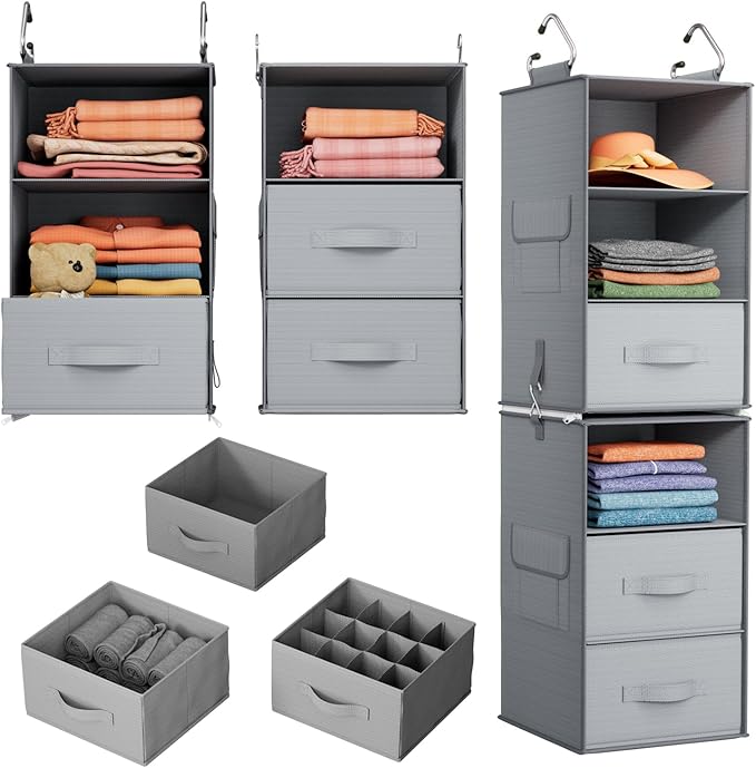 Pipishell 6-Shelf Hanging Closet Organizer with 2 Separable 3-Tier Shelves, 3 Drawers & Side Pockets Closet Organizers and Storage for Wardrobe Organization and Nursery Clothes Organizer, Gray