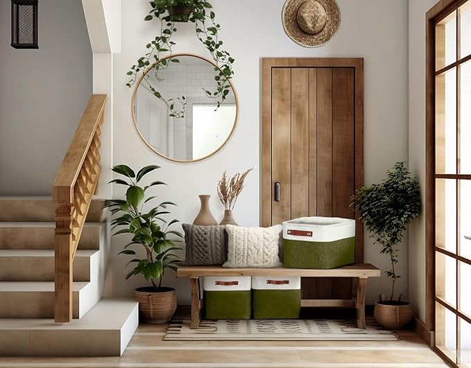 DECOMOMO Fabric Storage Bins - Storage Baskets for Shelves, Linen Closet Organization (Olive Green & White, Large - 3 Pack)