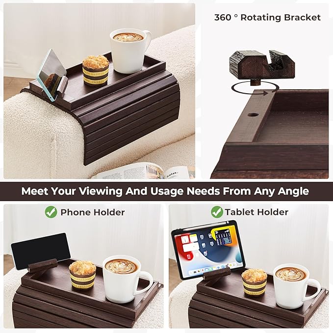 Bamboo Sofa Arm Tray, Anti Falling Couch Arm Tray Armrest Table with 360° Rotating Phone Holder, Foldable and Portable Sofa Armrest Trays Cup Holder for Drink,Cups, Phone, Snacks, Remote