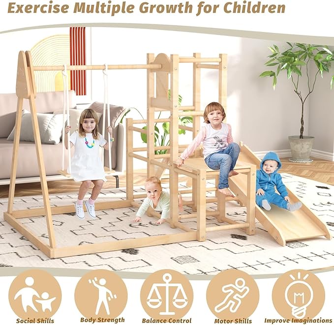 Indoor Playground, Jungle Gym, Wooden Montessori Climber Playset With Slide, Swing for Toddlers, Toddler Climbing Toys Indoor, Special Wooden Structure Indoor Playset, Baby Climbing Toys Indoor