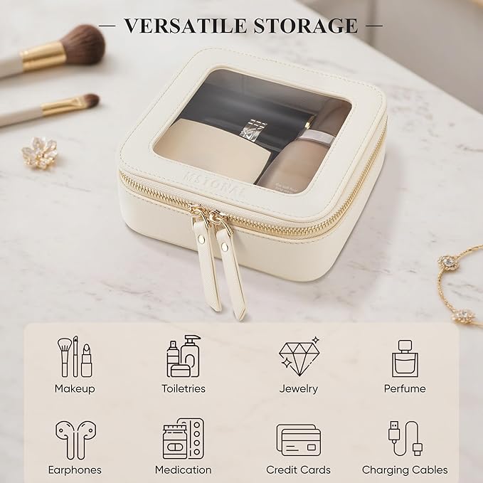 MSTONAL Clear Makeup Bag, Travel Toiletry Bag Cosmetic Case for Women, Waterproof Portable Small Make Up Skincare Pouch with Zipper, Compact Car Organizer Bag for Essentials, Mini Size, Beige