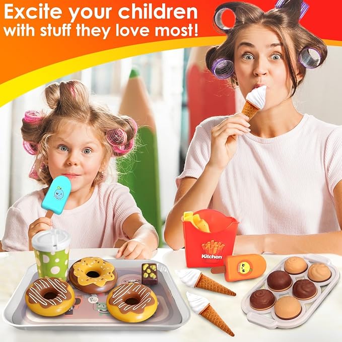 FUNERICA Pretend Play Ice Cream and Desserts Toy Food Set with Realistic Fake Donuts, Popsicles, Cupcakes, Fries, and Tray, Kids Kitchen Accessories Set, for Toddlers, Boys and Girls