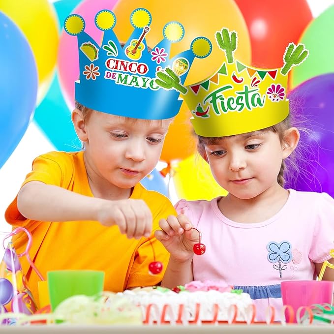 24 Packs Fiesta Cinco De Mayo Mexican Crown for Kids Fiesta Headband DIY Art Craft Cactus Taco Sticker Set Summer Craft Kits for Kindergarten Preschool Home Classroom Game Activities Party Favors