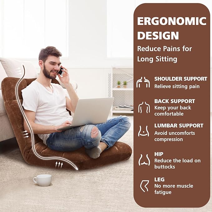 Folding Floor Chair 14-Position Cushioned Adjustable Floor Lazy Sofa Chair w/Breathable Cotton & Skin-Friendly Flannel for Adults & Kids Ideal for Reading Meditating, Brown