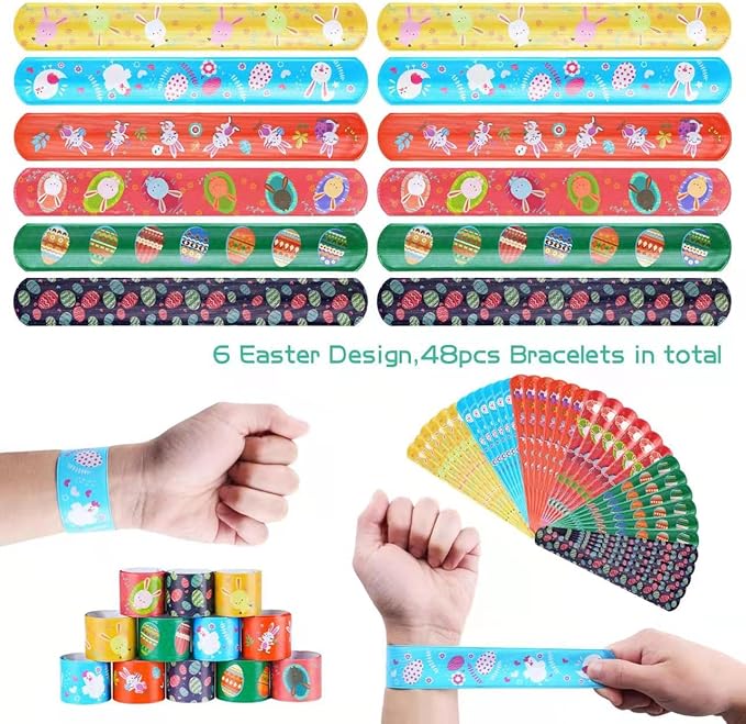 48pcs Easter Slap Bracelets Easter Egg Bunny Snap Bracelet Party Favor Toys for Kids Easter Basket Stuffers Egg Filler Classroom
